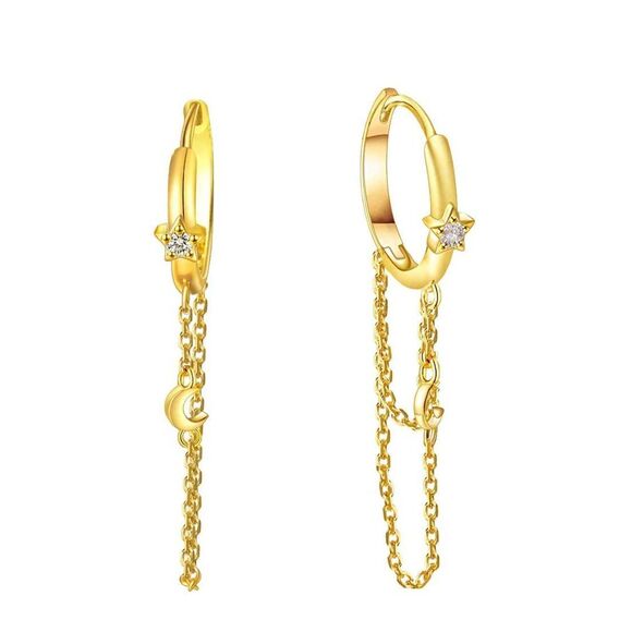 14k Gold Hoop Huggie Star Moon Earrings Hypoallergenic Lightweight - Picture 1 of 6